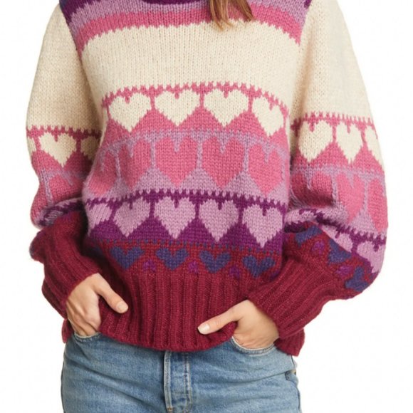 LoveShackFancy Prune/Multicolor Shirelle Heart Balloon-Sleeve Pullover Sweater - Picture 2 of 12